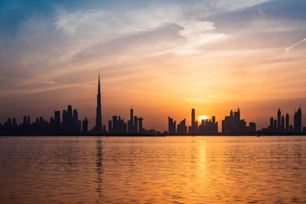 The buildings in Dubai at sunset