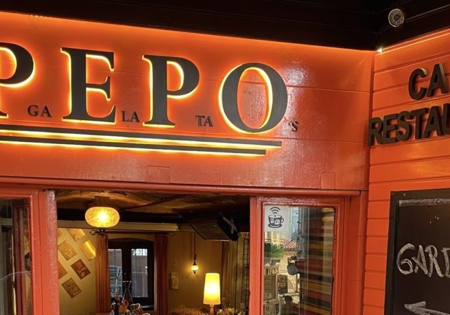 Pepo's Cafe Restaurant In Istanbul View of the vibrant red Pepo's cafe restaurant front entrance in Istanbul, Turkey
