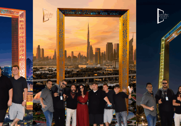 Dubai Frame Featured image Group of friends standing in front of a giant gold frame that frames the city skyline in dubai